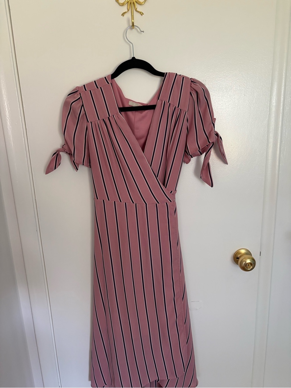 Striped Wrap Midi Dress in Dusty Pink
